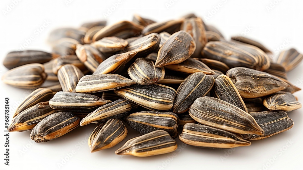 Close-up of a pile of black and white sunflower seeds. Close-up of a pile of black and white sunflower seeds.