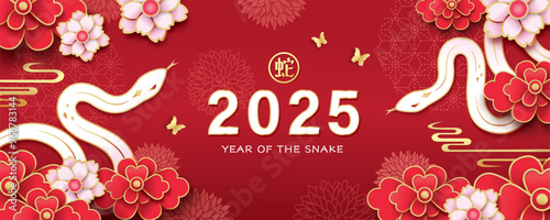 2025 Chinese new year, year of the snake banner template design with snakes and flowers background. Chinese translation: Snake