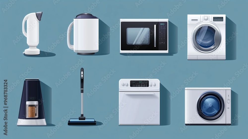 Collection of home appliances on a blue background including a vacuum cleaner, washing machine, and microwave in a modern style