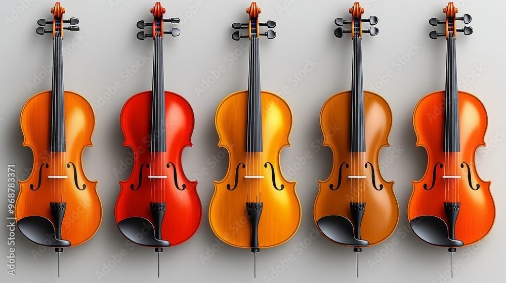 Fototapeta premium A vibrant collection of five beautifully crafted violins, showcasing a spectrum of warm colors and intricate details.
