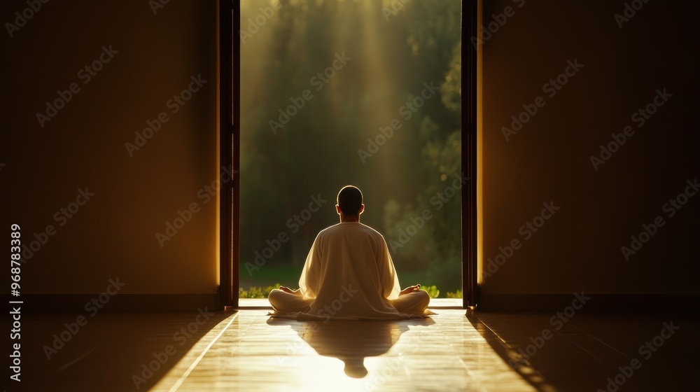 A serene moment of meditation in a tranquil setting, surrounded by nature and illuminated by soft sunlight. A serene moment of meditation in a tranquil setting, surrounded by nature and illuminated by soft sunlight.