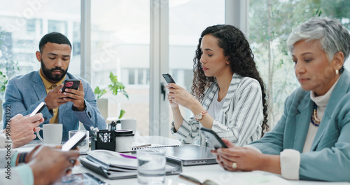 Konstfotografi Phone, typing and distracted business people in office checking email, social media or online chat
