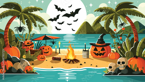 Halloween themed tropical beach with pumpkins and bats, vector illustration, festive banner
