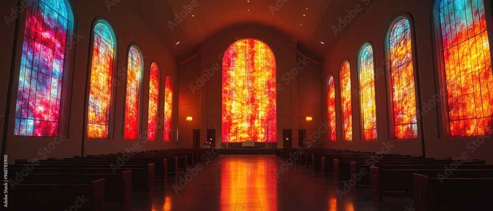 Obraz premium Empty Church Interior with Stained Glass Windows and Pews