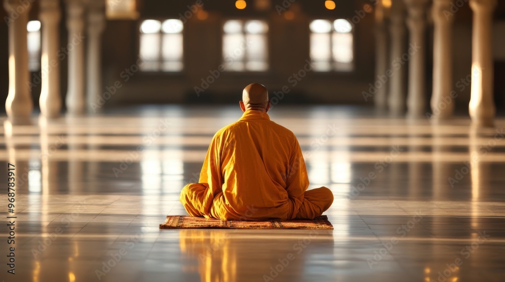 A serene monk sitting in meditation, surrounded by a tranquil hall, reflecting peace and mindfulness through a warm golden light. A serene monk sitting in meditation, surrounded by a tranquil hall, reflecting peace and mindfulness through a warm golden light.