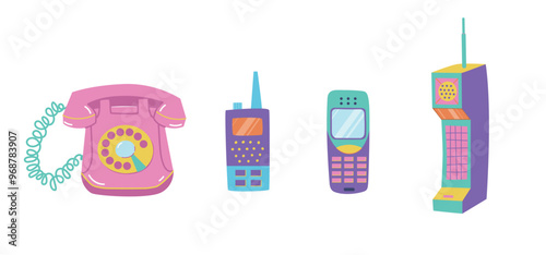 Retro communication devices set. Cartoon rotary phone, cell phone, mobile phone and walkie talkie. Vintage technology from the 1980s 1990s