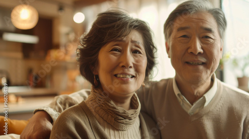 Elderly couple sharing a joyful moment together in a cozy living room during warm afternoon sunlight