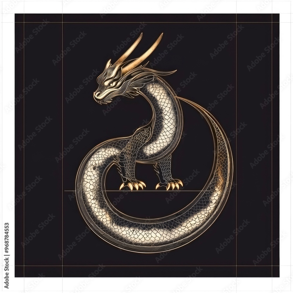 Fototapeta premium Golden Dragon on Black Background