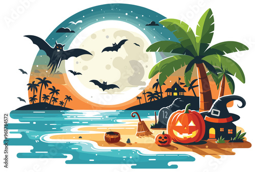 Halloween beach scene with bats and pumpkins against full moon background, illustration for event posters