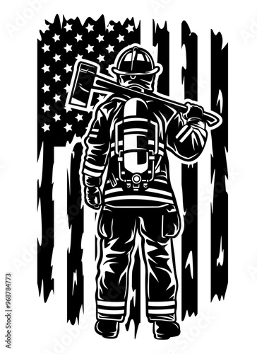 US Firefighter | US Fireman | Fire Department | Rescuer | Fire Station | US Fire Officer | 911 Emergency | Firefighter Dad | Original Illustration | Vector and Clipart | Cutfile and Stencil
