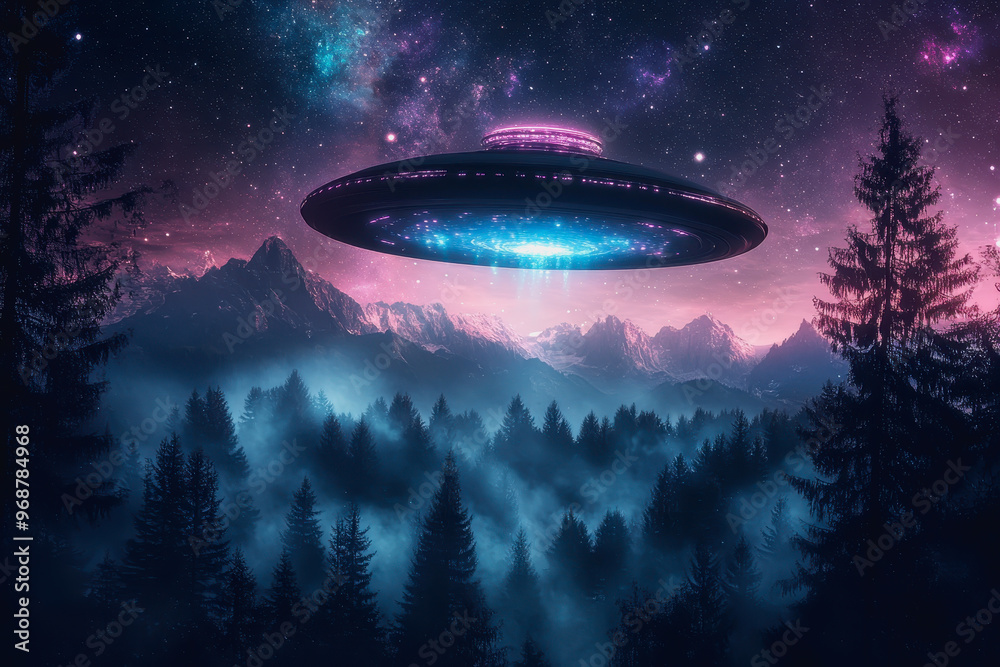 UFO over misty mountains and forest, glowing in a starry sky with colorful nebulae above UFO over misty mountains and forest, glowing in a starry sky with colorful nebulae above