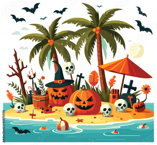 Halloween beach illustration with jack-o'-lanterns and skulls on island background, spooky theme