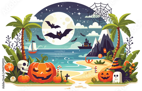 Spooky Halloween beach scene under full moon, colorful vector illustration, holiday decoration