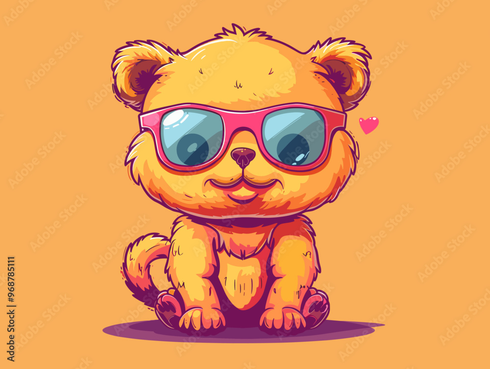 Naklejka premium A cartoon bear wearing sunglasses and a heart on its chest. The bear is sitting on a yellow background