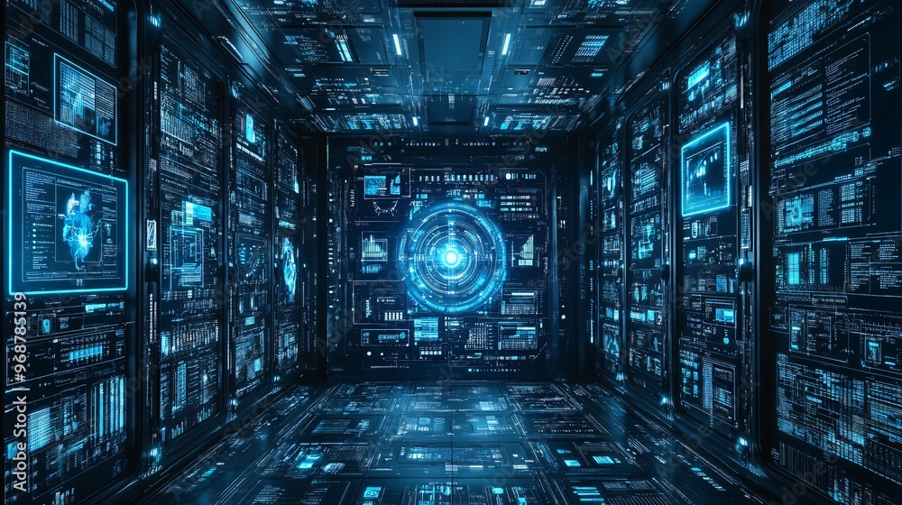 Holographic user interface with floating transparent buttons and data ...