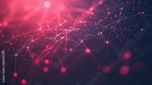Matrix of interconnected nodes and lines in vibrant neon colors representing data flow and connectivity within a digital network futuristic cyber landscape Large space for text in center Stock photo