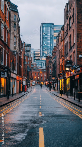 A city street with a yellow line down the middle. The street is wet and the buildings are tall