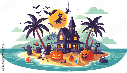 Spooky Halloween island illustration with haunted house and beach, vector art, holiday design