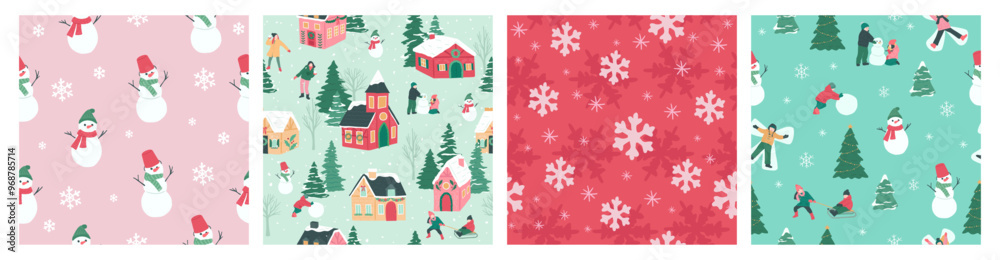 Set of Winter Christmas snowman seamless pattern vector illustration