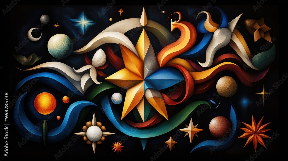Fototapeta premium Colorful abstract artwork featuring celestial elements like stars, planets, and swirling patterns, evoking a sense of wonder.