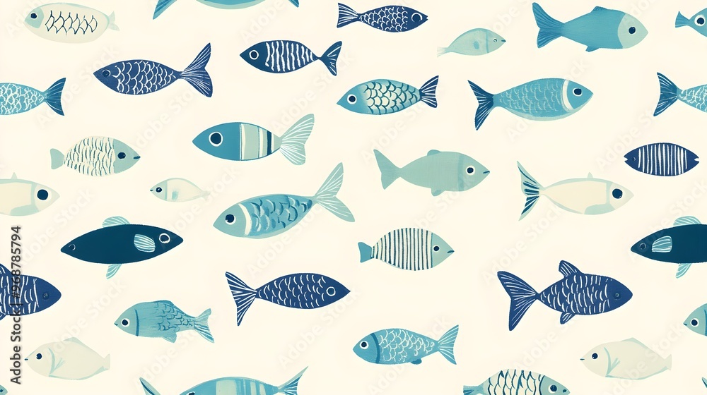 Blue and White Fish Seamless Pattern  Watercolor Illustration