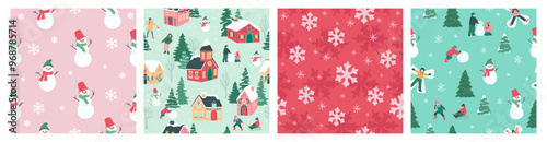 Set of Winter Christmas snowman seamless pattern vector illustration