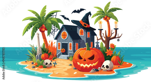 Spooky Halloween beach house vector illustration with pumpkins and skulls on island background