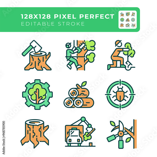 Forestry industry RGB color icons set. Logging. Tree cutting and trimming. Forest management. Arborist. Isolated vector illustrations. Simple filled line drawings collection. Editable stroke