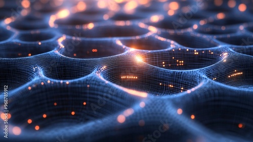 AI neural network interface glowing with bright nodes and interconnecting lines representing the processing of vast amounts of machine learning data Large space for text in center Stock photo with