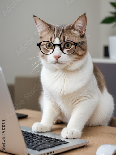 cat with glasses works on the computer