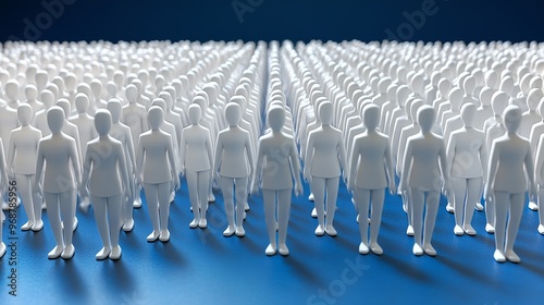 Abstract representation of a diverse crowd with white figures, symbolizing unity, diversity, and social connections. photo