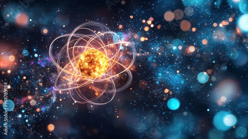 Abstract quantum visual with particle waves and glowing qubits surrounded by energy lines in motion representing advanced technology Large space for text in center Stock photo with copy space