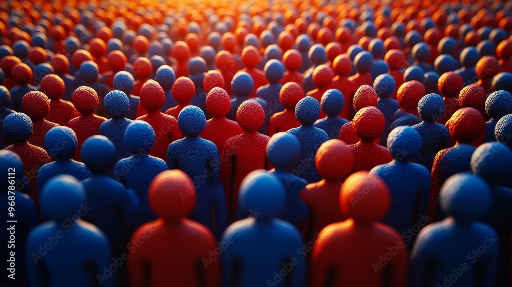 Obraz premium An abstract representation of a diverse crowd with blue and red figures, symbolizing unity and individuality in a vibrant setting.