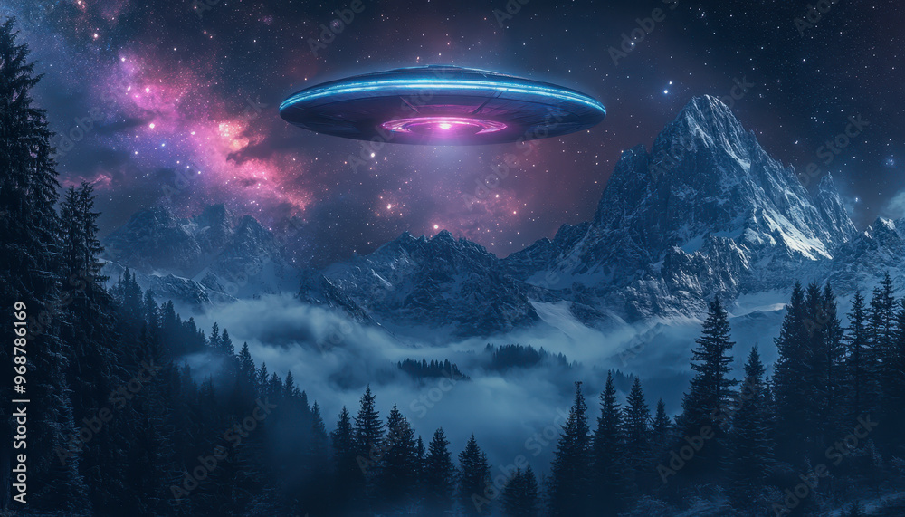 UFO over misty mountains and forest, glowing in a starry sky with colorful nebulae above UFO over misty mountains and forest, glowing in a starry sky with colorful nebulae above