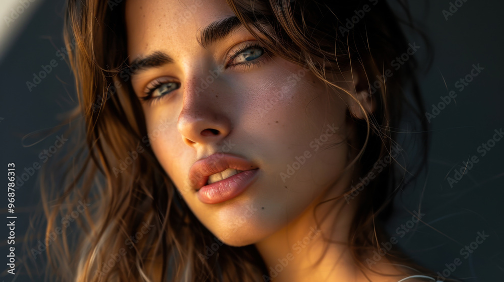 A young woman with captivating blue eyes and wavy hair poses thoughtfully in soft natural light A young woman with captivating blue eyes and wavy hair poses thoughtfully in soft natural light