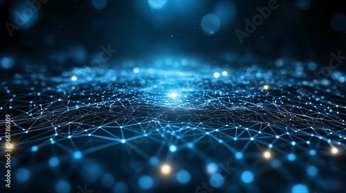 Data flow through a futuristic digital grid with glowing blue energy lines symbolizing advanced technology and network connectivity Large space for text in center Stock photo with copy space