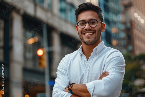 Happy Hispanic businessman smiling in the city.