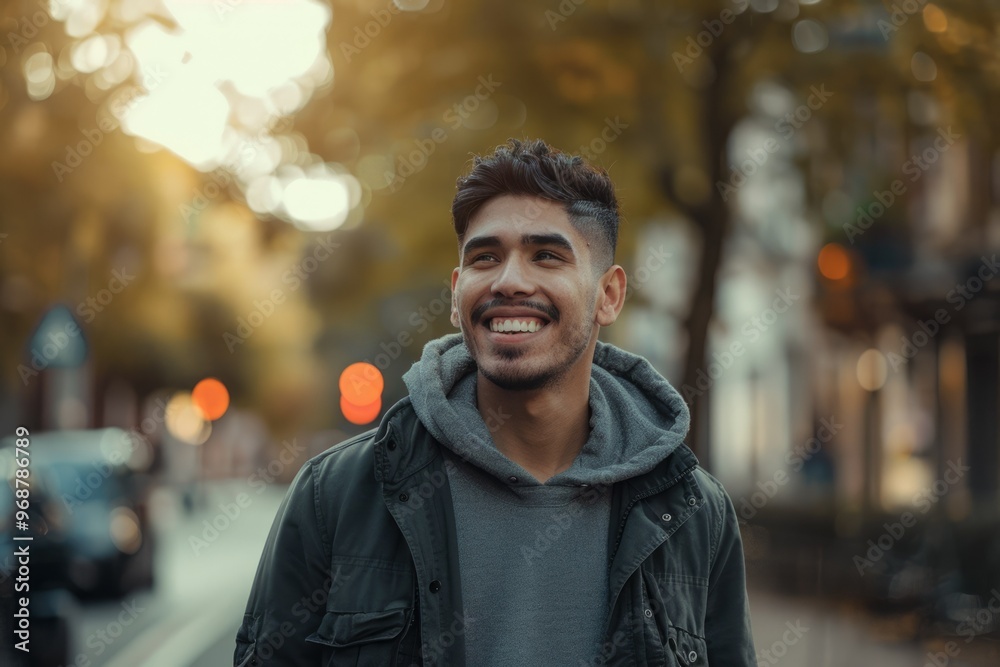 Fototapeta premium Confident young Hispanic man walking on street smiling.