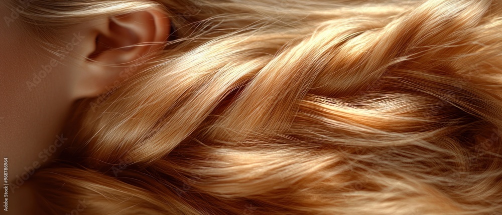 Naklejka premium Close-up of a Woman's Ear and Wavy Blond Hair