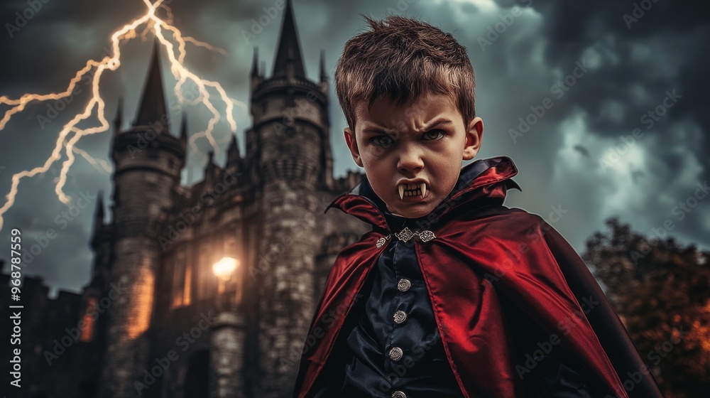 Fototapeta premium Young Vampire Boy in Red Cape Before a Castle
