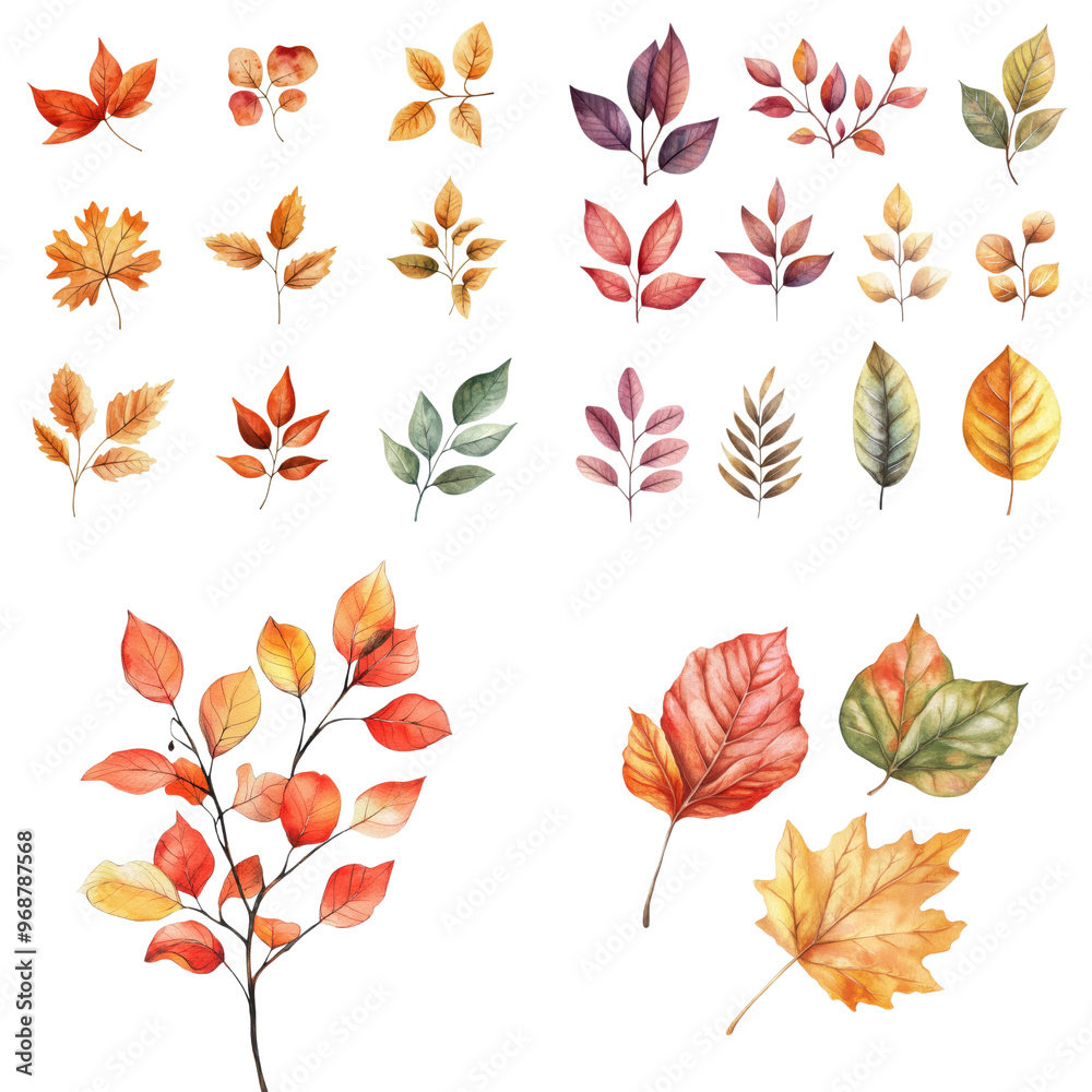 Fototapeta premium Autumn Leaf Collection in Watercolor Isolated on Transparent Background, Perfect for Fall Decor and Seasonal Artwork