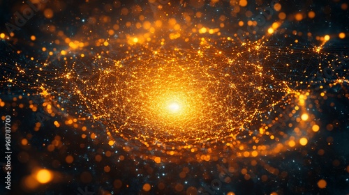 Neural network structure with bright nodes and interconnected lines forming an abstract web of machine learning and AI processes futuristic concept Large space for text in center Stock photo with