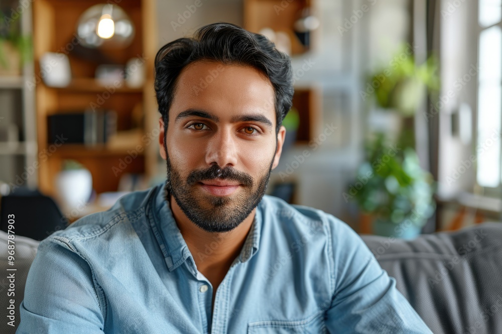 Obraz premium Confident Indian Hispanic man posing in modern living room.
