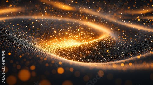 Abstract digital particles flowing in an interconnected grid-like structure symbolizing data transfer in a futuristic tech landscape Large space for text in center Stock photo with copy space