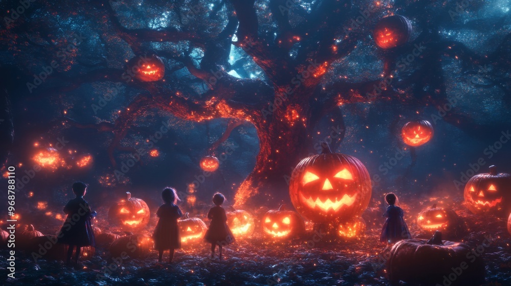 Children Admire Glowing Jack-O'-Lanterns in Enchanting Forest Children Admire Glowing Jack-O'-Lanterns in Enchanting Forest