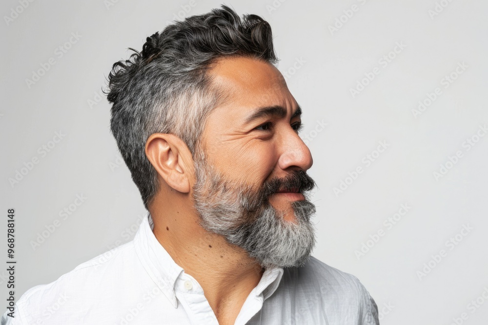 Obraz premium Confident Hispanic man with beard in relaxed pose.