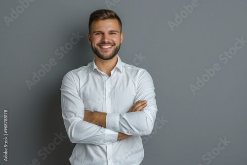 Young business man at corporate seminar with colleagues smiling.