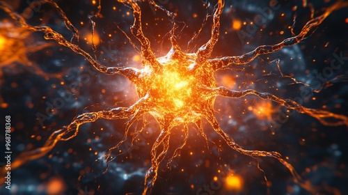 Glowing neural network web of interconnected nodes forming an abstract pattern representing AI and machine learning in a tech-driven concept Large space for text in center Stock photo with copy space