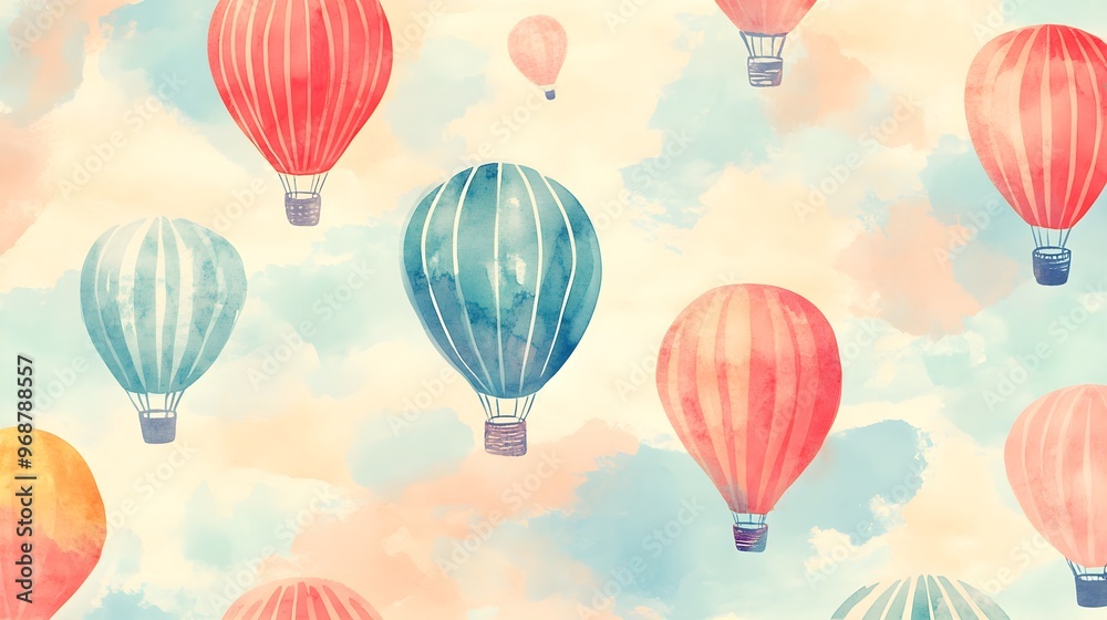 Obraz premium Watercolor Hot Air Balloons in Pastel Sky with Clouds