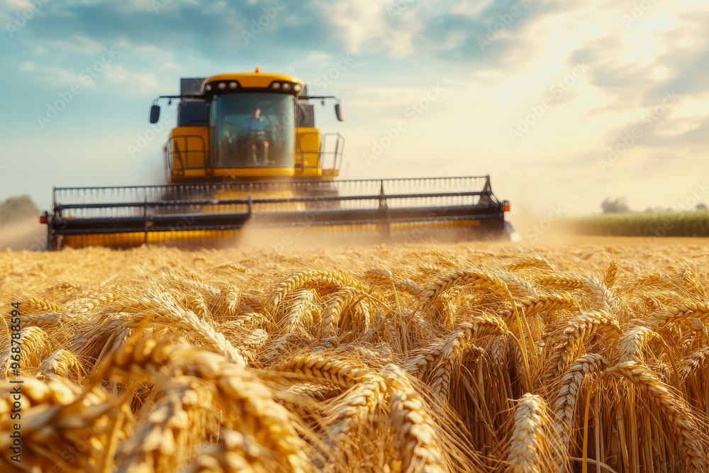 Fototapeta premium Combine harvester in a golden wheat field during harvest under the warm sunlight